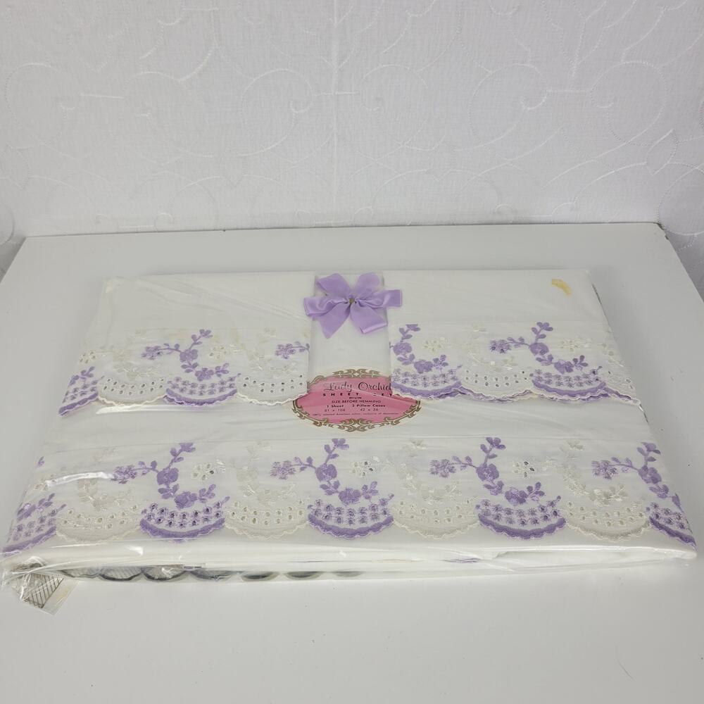 VTG Sheet Set Lilac Floral Embroidered Eyelet Cotton Lady Orchid NEW Old Stock